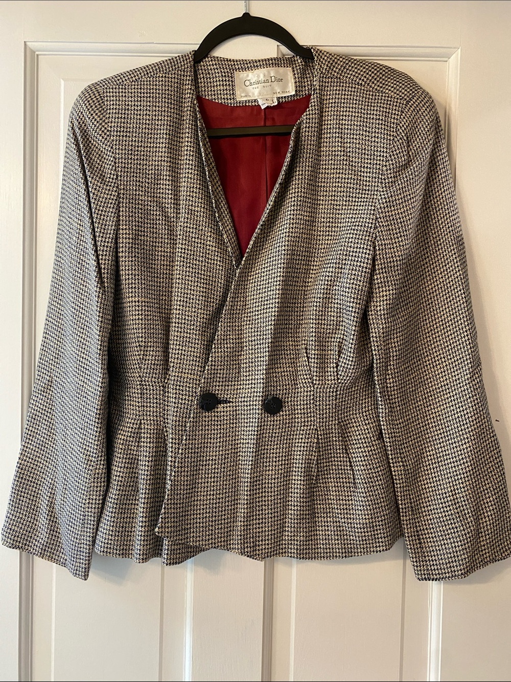 Vintage Christian Dior Black & Tab Houndstooth Tailored Blazer with Red Lining